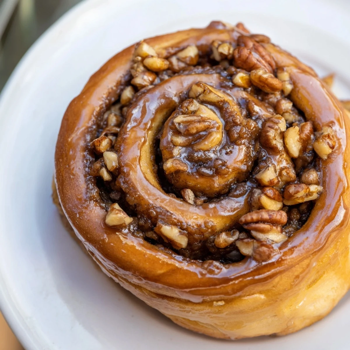 Golden Vietnamese cinnamon date sticky buns glistening with warm caramel glaze on a serving platter