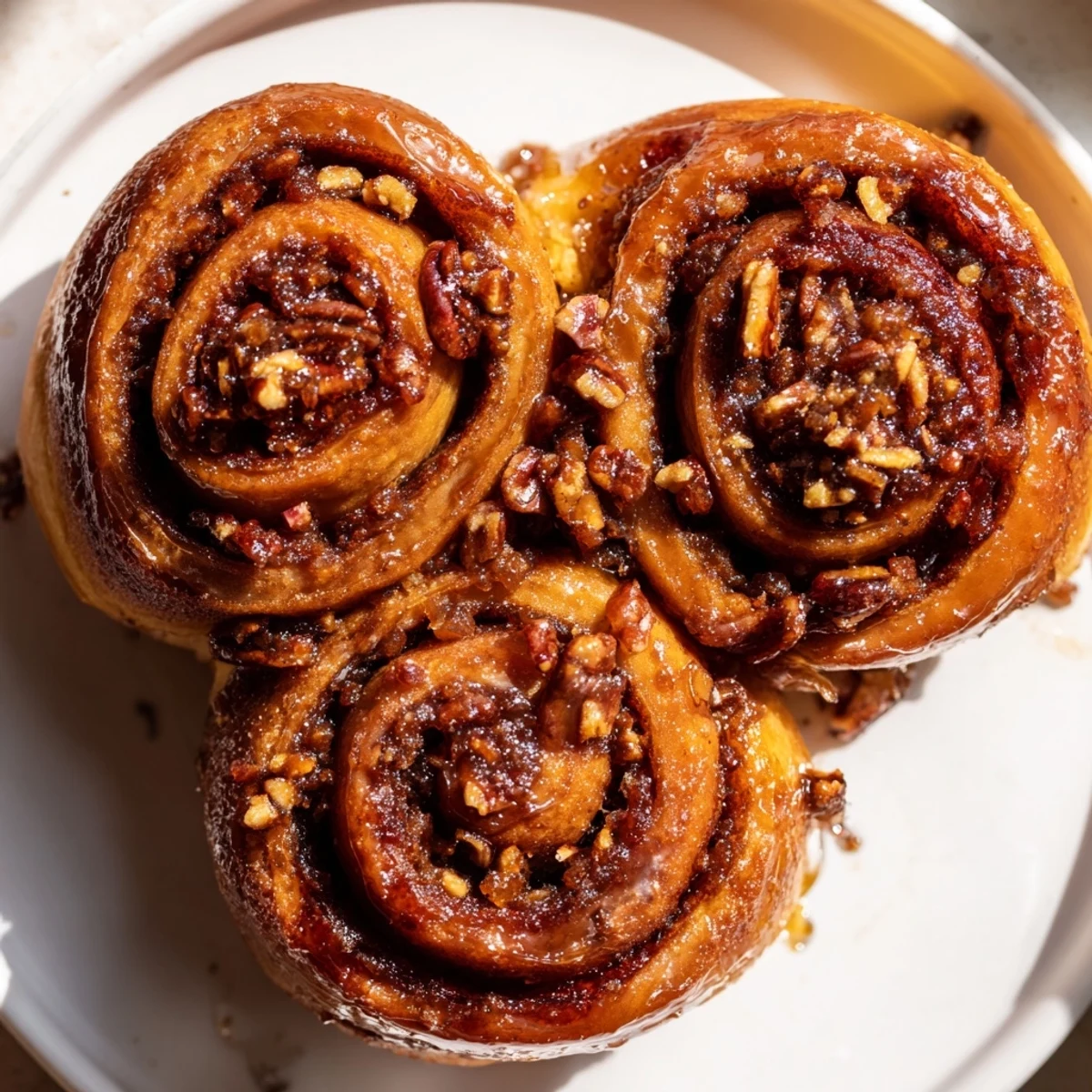 Freshly baked sticky buns drizzled with honey brown sugar topping and chopped pecans for brunch dessert