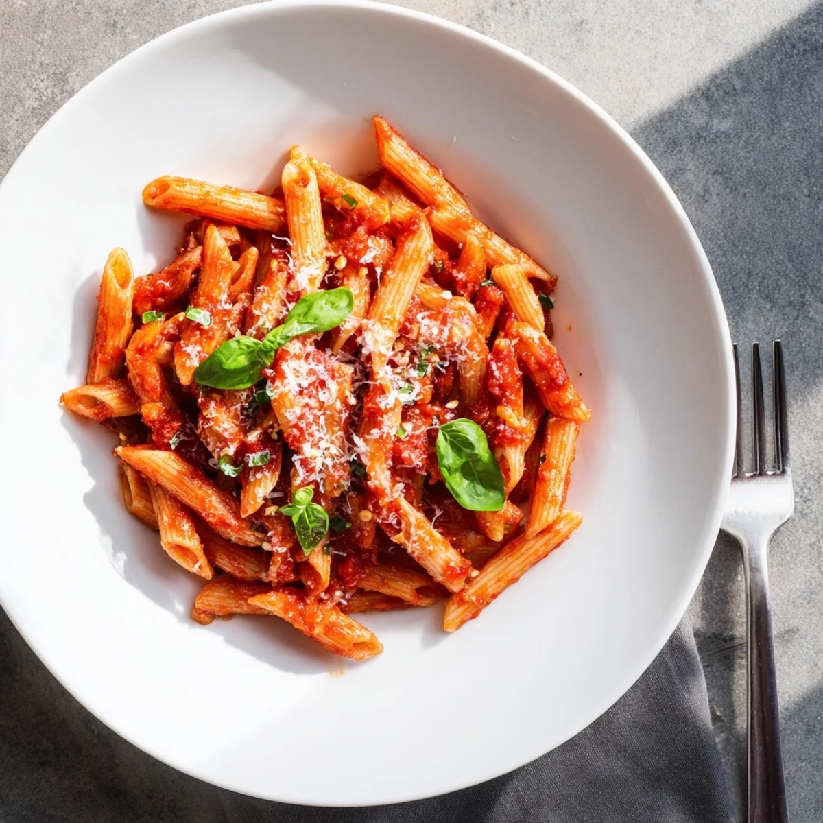Golden penne pasta coated in vibrant red tomato sauce with fresh green basil garnish and grated Parmesan cheese.