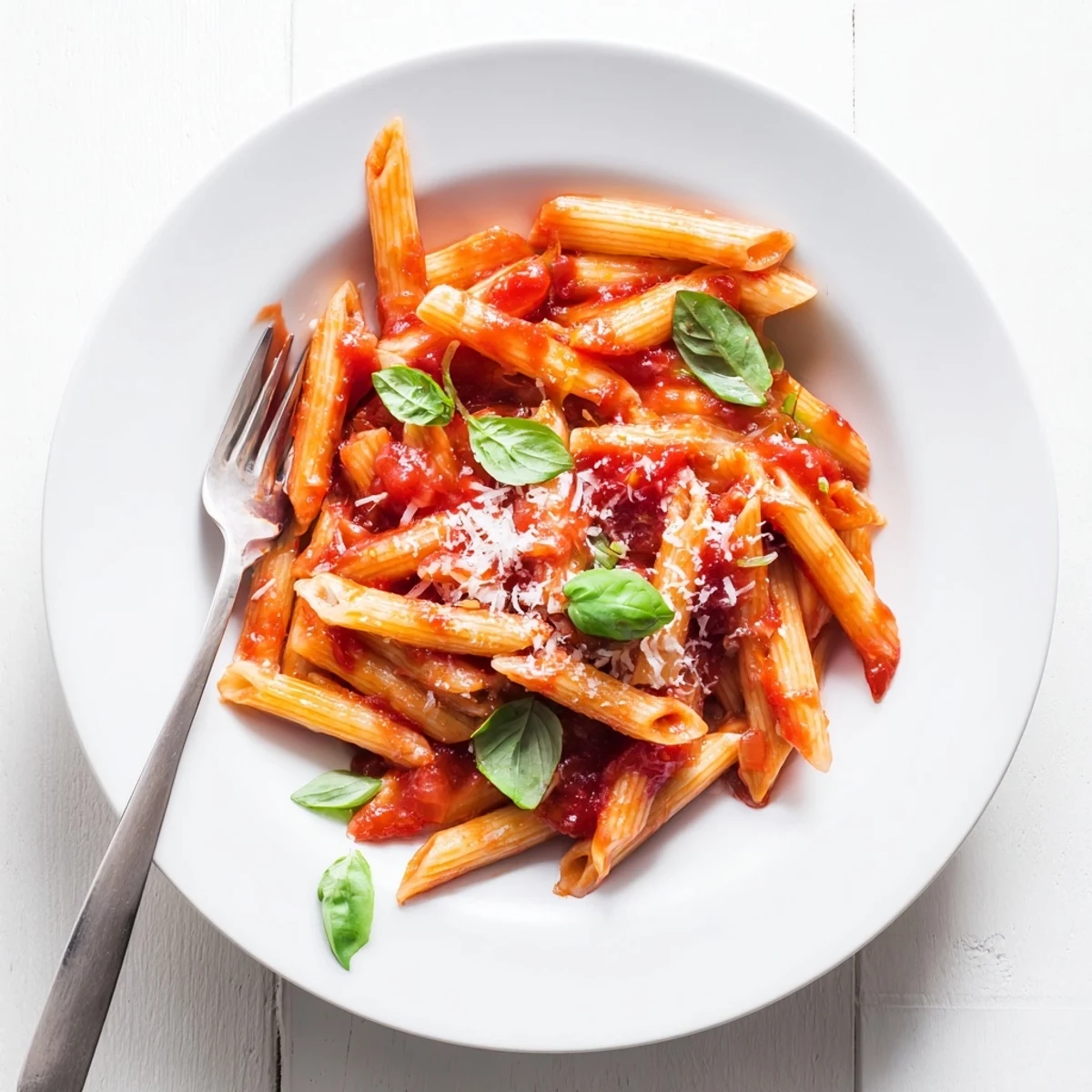 Steaming plate of 20 minute penne pasta tossed with garlicky tomato sauce, dried oregano, and melted Parmesan.