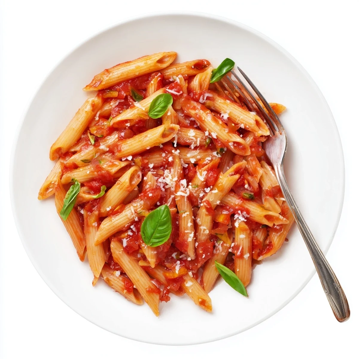 Close up of al dente penne pasta in rich tomato sauce topped with fresh basil leaves and cheese.