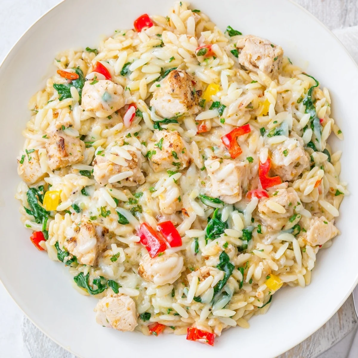 Golden cheesy chicken risoni dish featuring spinach and parmesan in a rich white sauce ready for family dinner