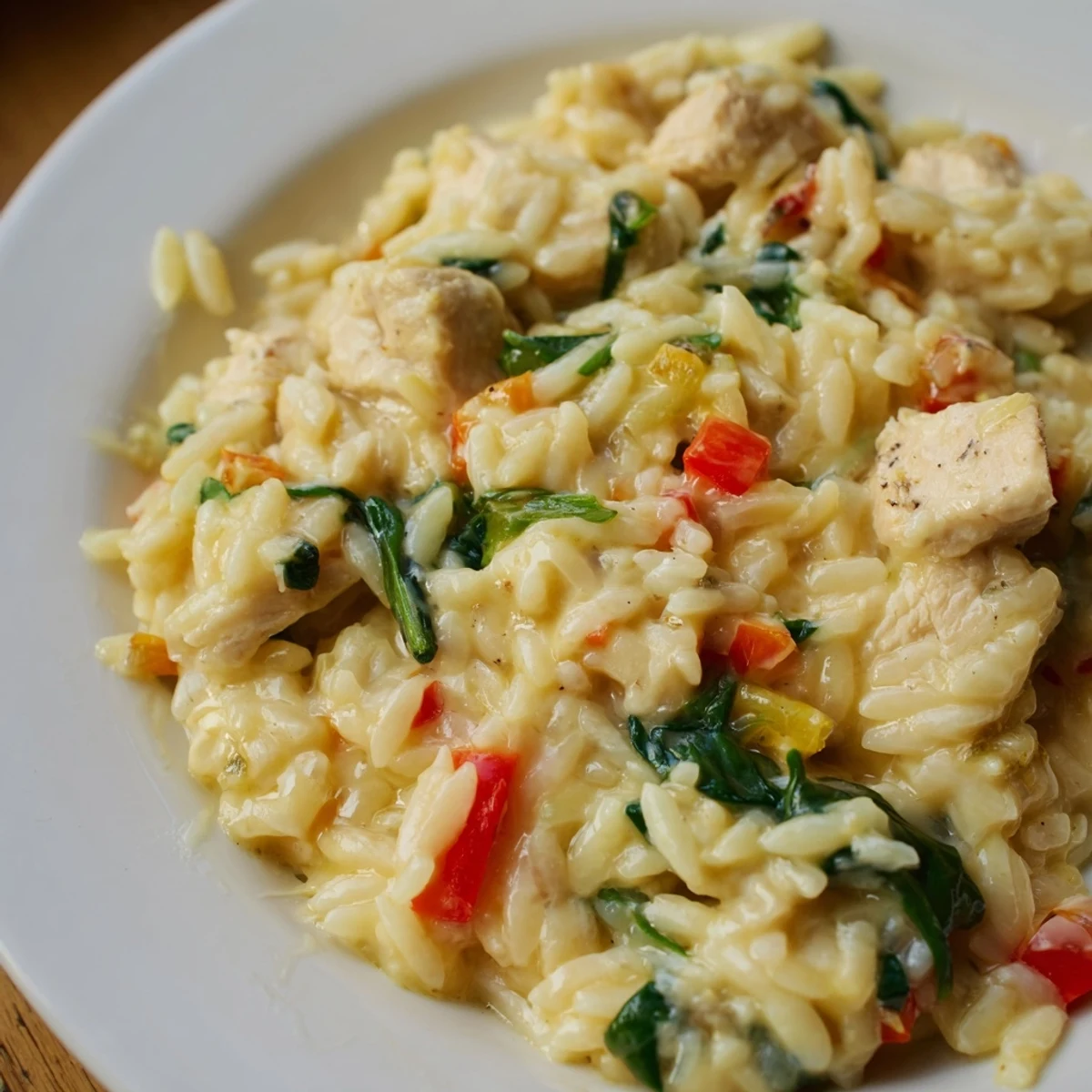 Creamy thirty minute cheesy chicken risoni skillet with tender pasta and melted mozzarella cheese in a deep pan