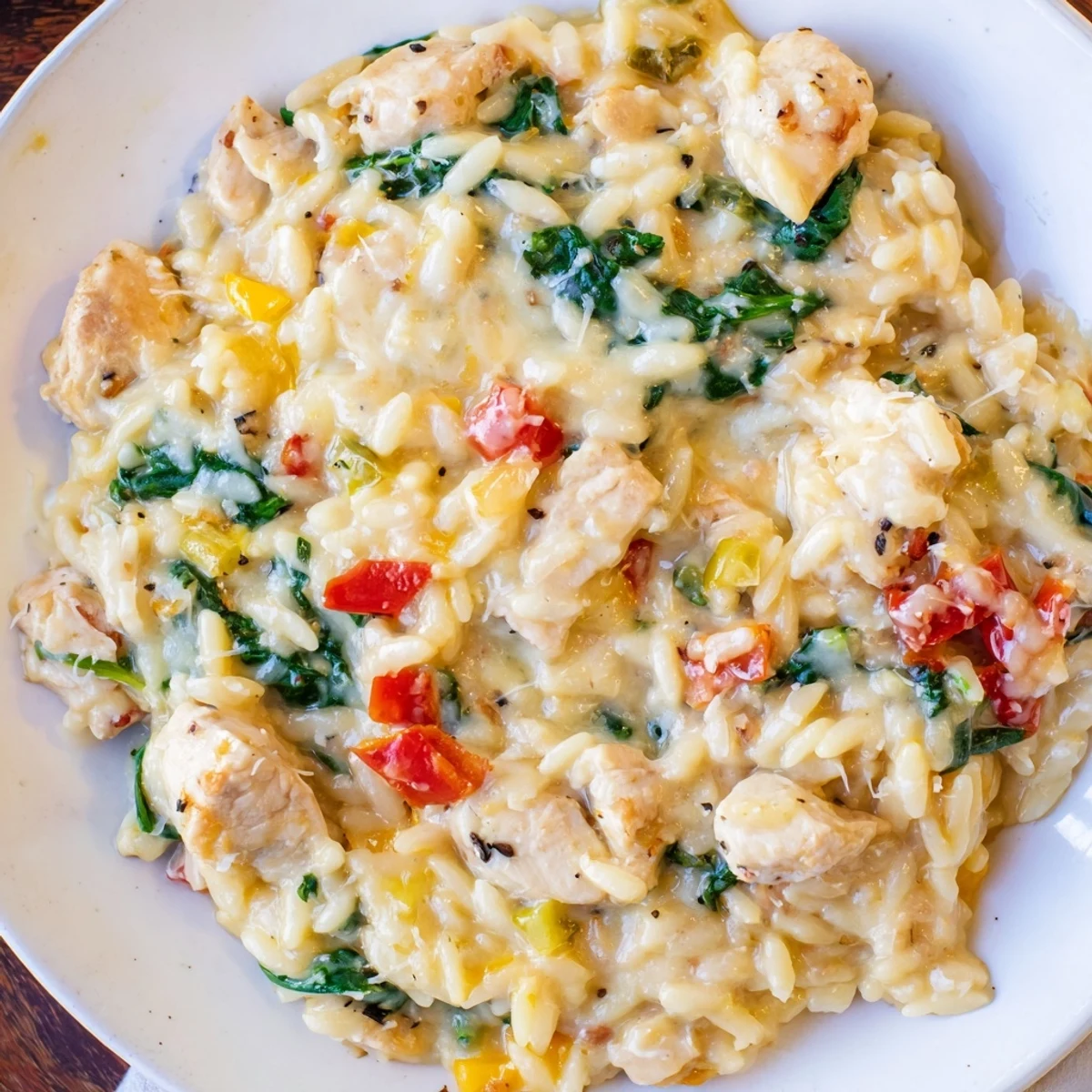 Comforting one-pan chicken and orzo pasta bake bubbling with melted cheese and served hot with a garnish