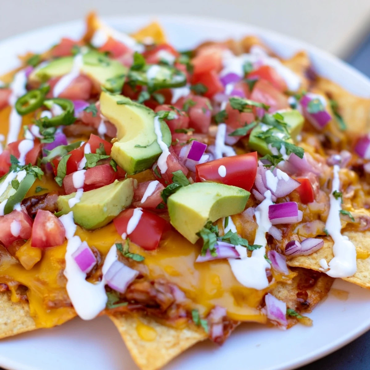 Golden baked bean nachos piled high with melted cheddar and Monterey Jack cheese bubbling under a layer of savory beans and crispy tortilla chips
