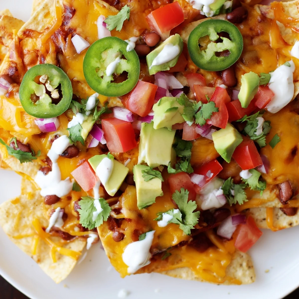 Hearty baked bean nachos topped with fresh diced tomatoes, red onion, avocado slices, cilantro, and a drizzle of cool sour cream