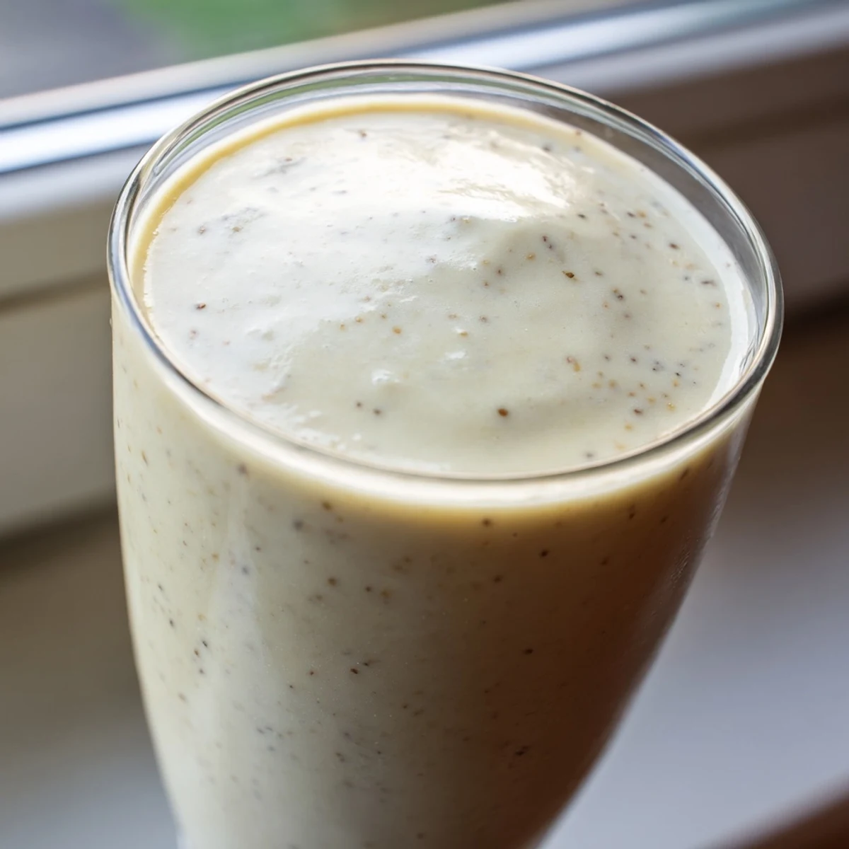 Creamy Greek yogurt banana smoothie topped with cinnamon and served in tall glasses