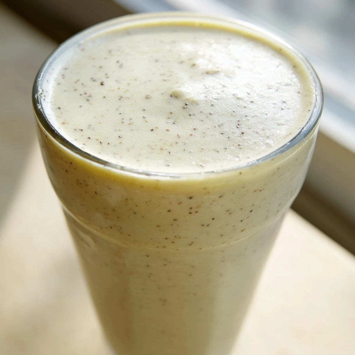 Thick blended Greek yogurt banana smoothie poured into glasses with fresh banana slices