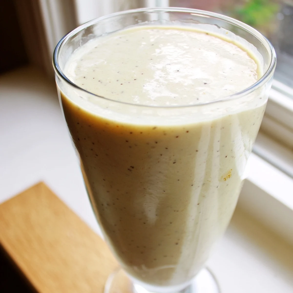 Refreshing Greek yogurt banana smoothie with ice cubes garnished with chia seeds and vanilla