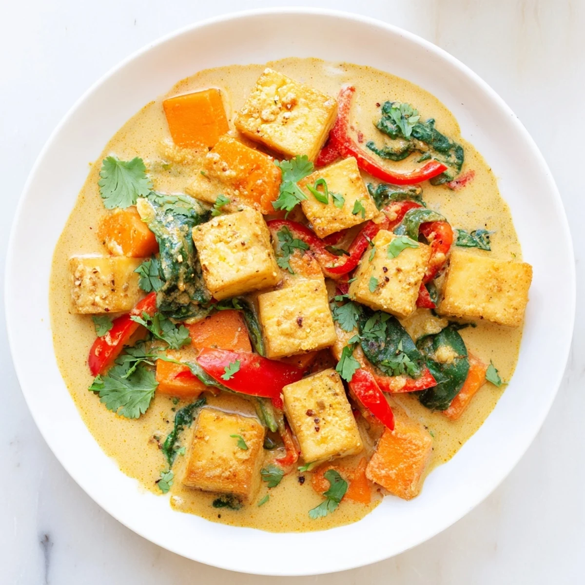 Golden vegetarian pumpkin tofu curry in creamy coconut sauce garnished with fresh cilantro