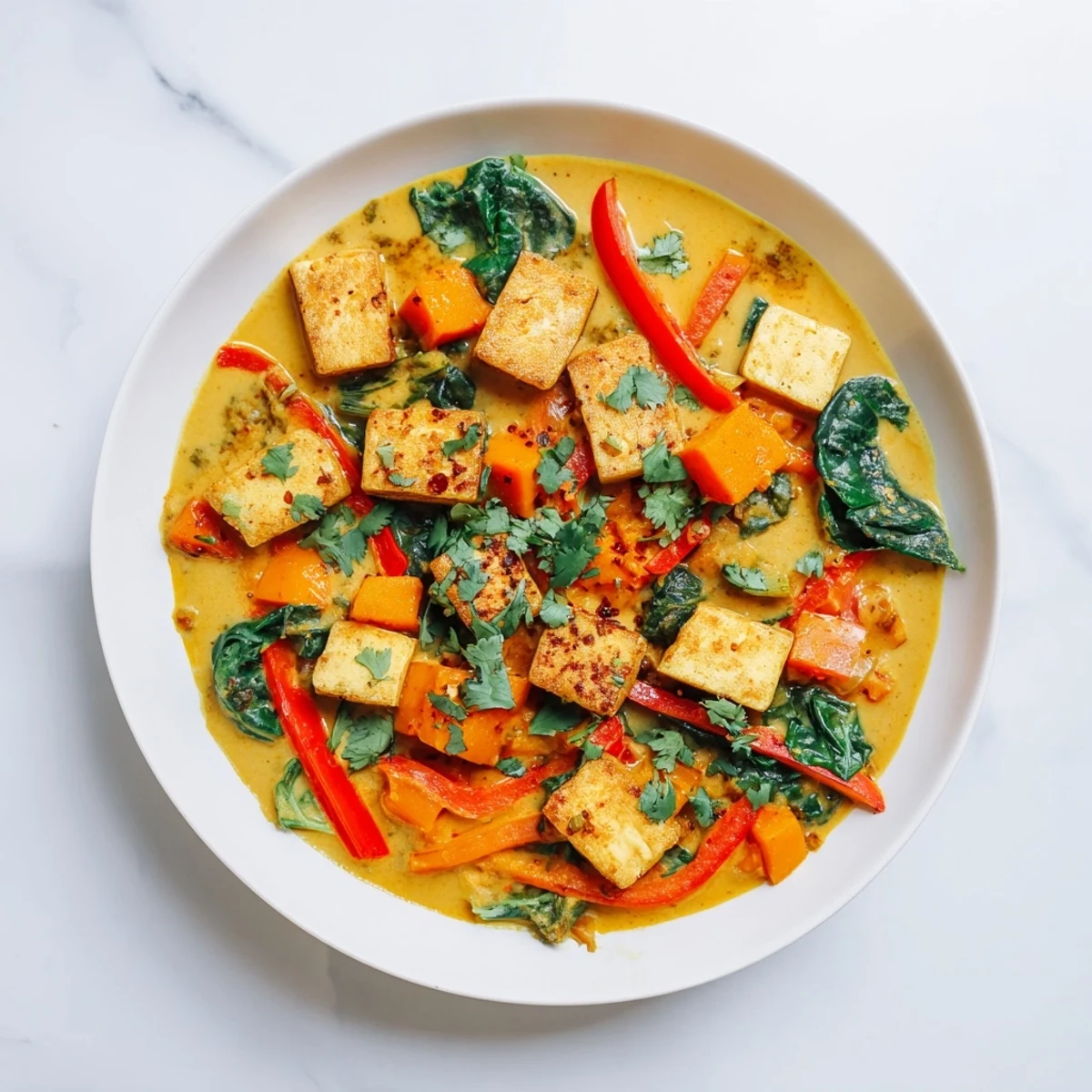 Crispy tofu cubes and tender pumpkin floating in fragrant vegetarian pumpkin tofu curry sauce