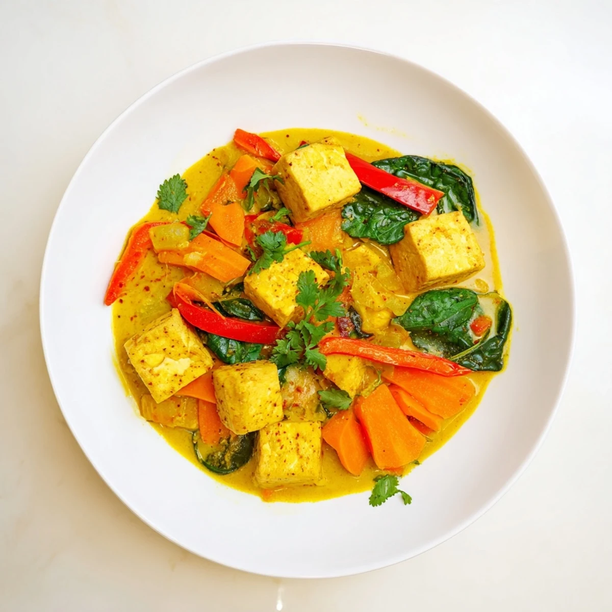 Steamy bowl of vegetarian pumpkin tofu curry served over fluffy white rice with lime