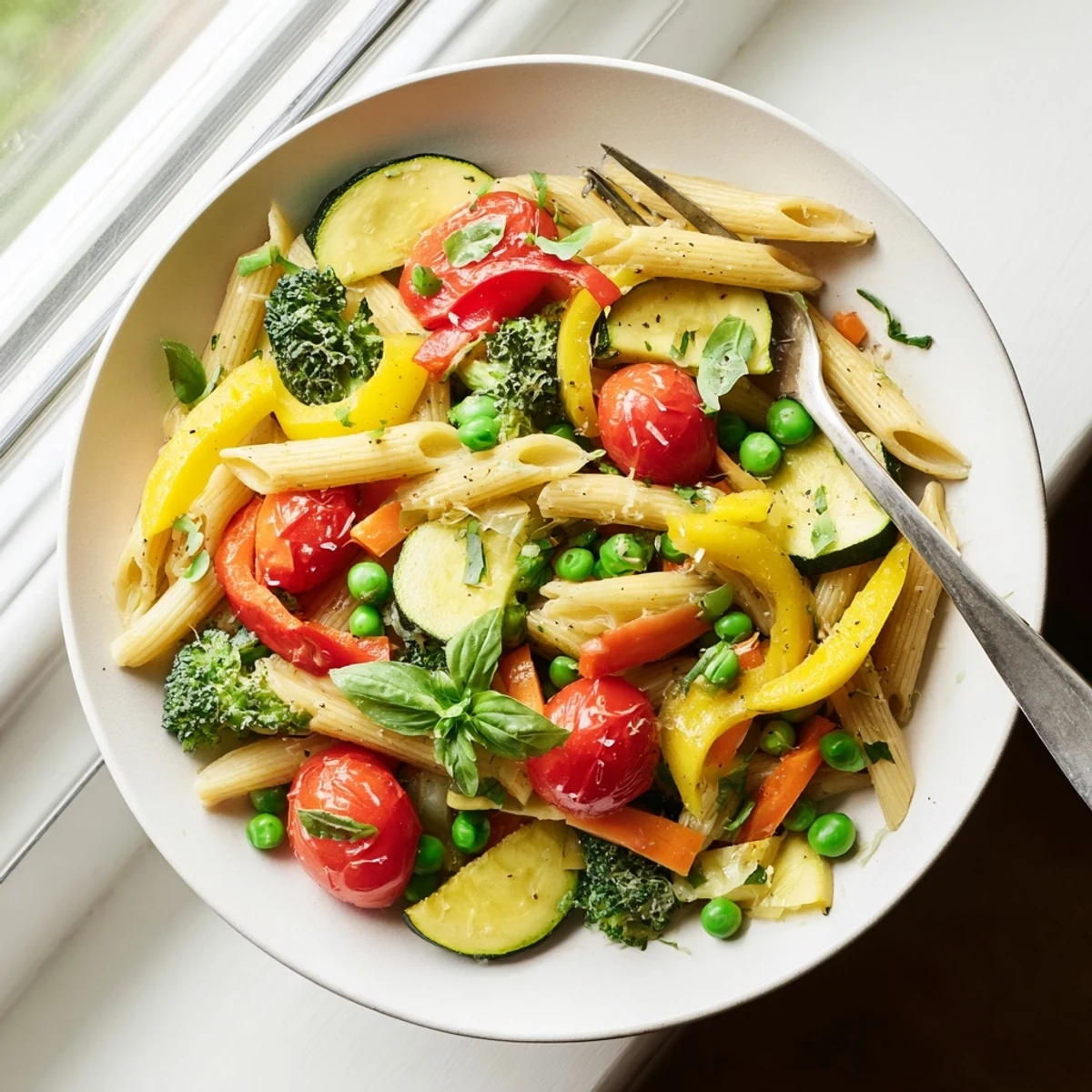 Colorful Pasta Primavera featuring crisp spring vegetables tossed with al dente penne in a light lemon Parmesan sauce