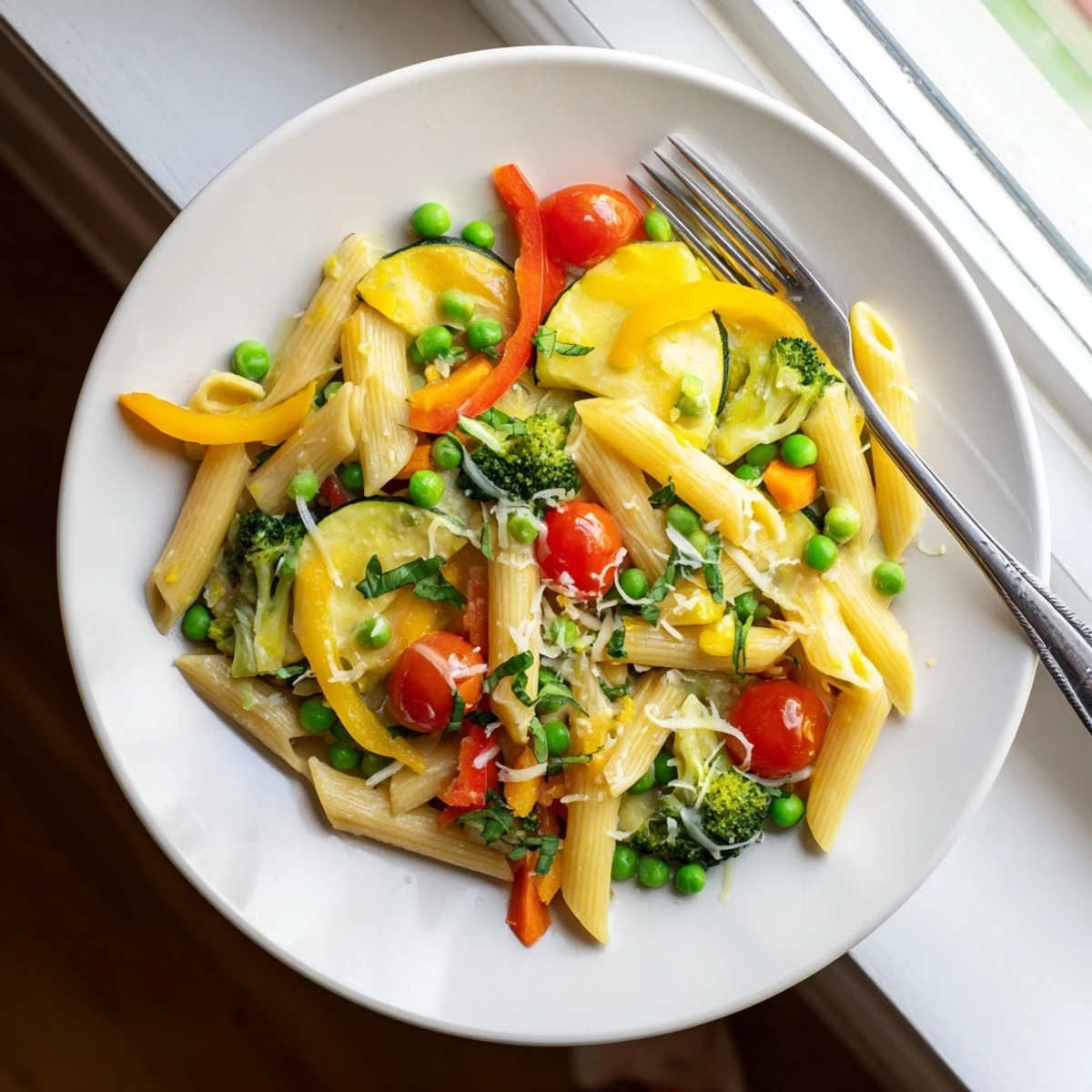 Vibrant Italian Pasta Primavera bowl loaded with zucchini bell peppers broccoli and cherry tomatoes in olive oil