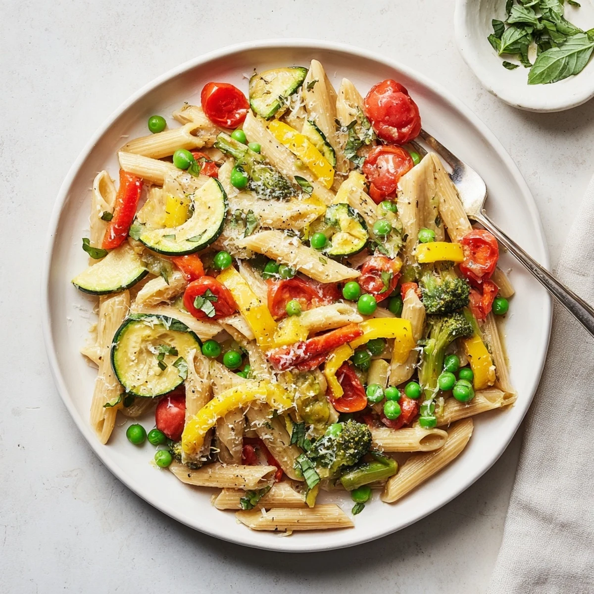 Creamy Pasta Primavera with fresh seasonal vegetables grated Parmesan fragrant basil and zesty lemon served family style