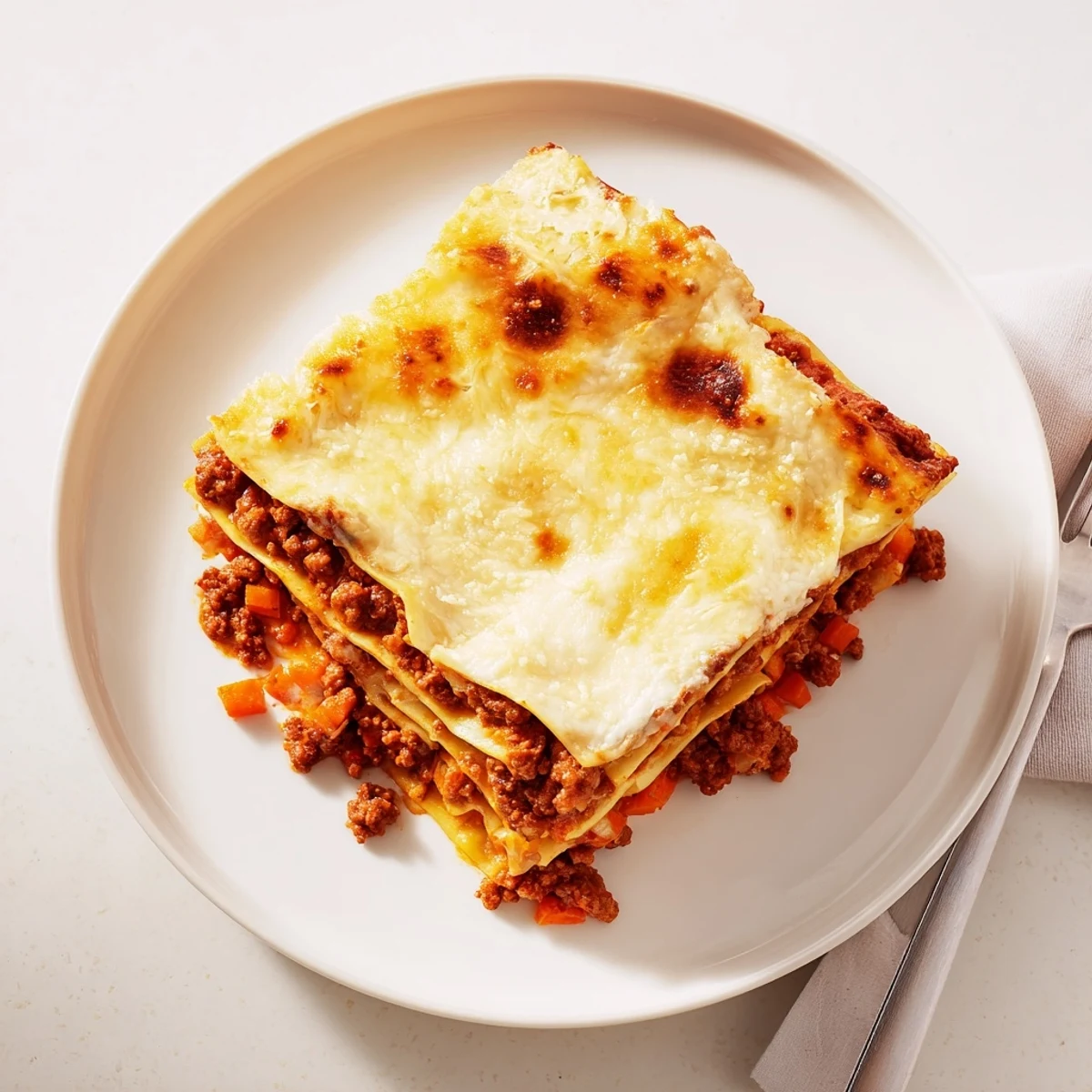 Golden classic beef lasagne with bubbling mozzarella cheese and rich meaty ragù layers