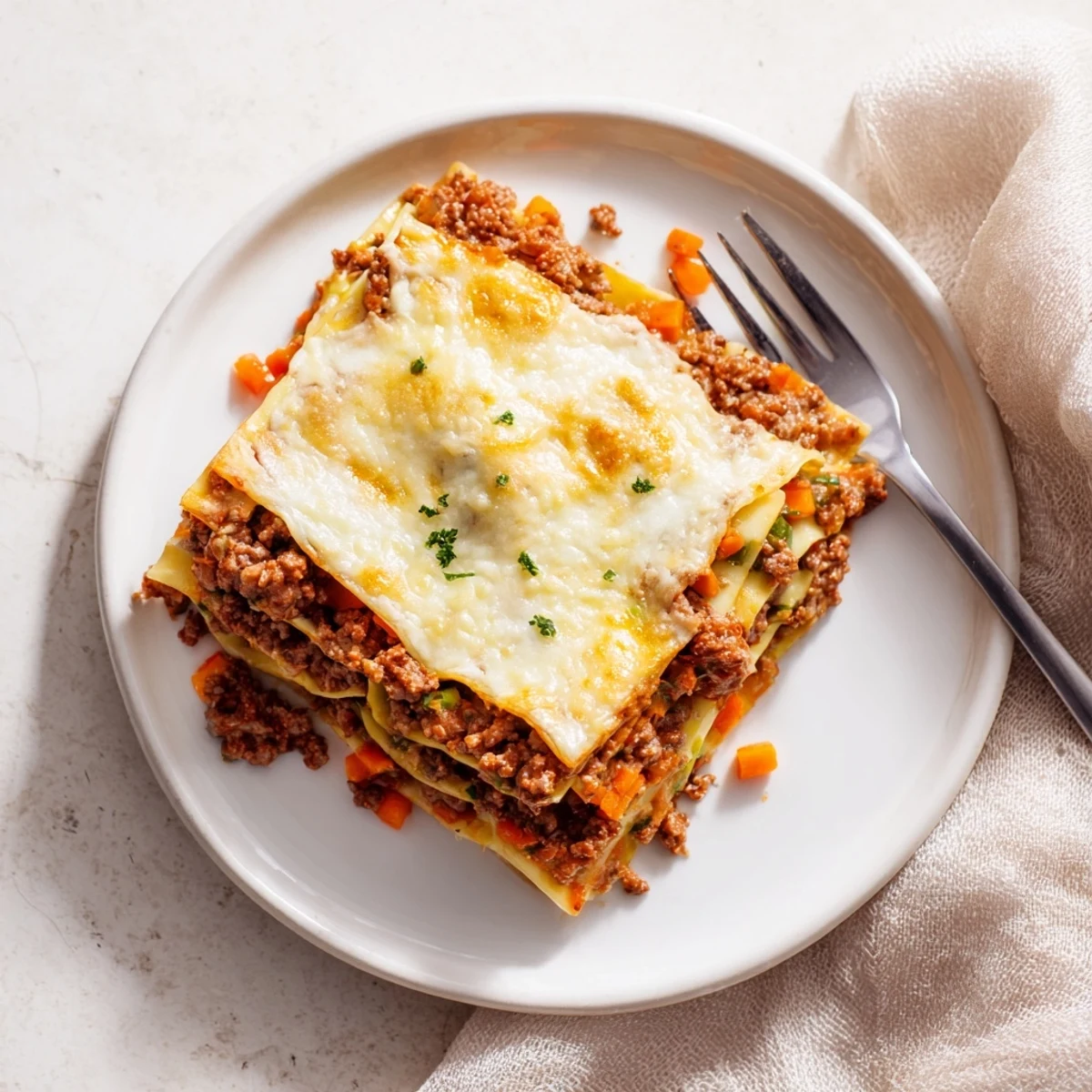 Homemade classic beef lasagne in a baking dish topped with melted Parmesan cheese