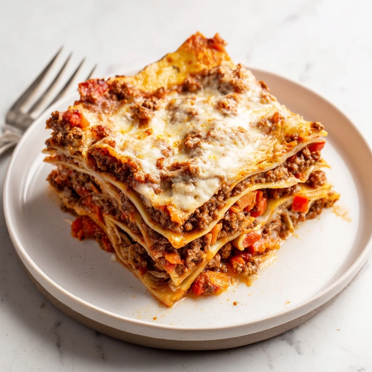 Sliced classic beef lasagne serving showing tender pasta sheets with creamy béchamel sauce