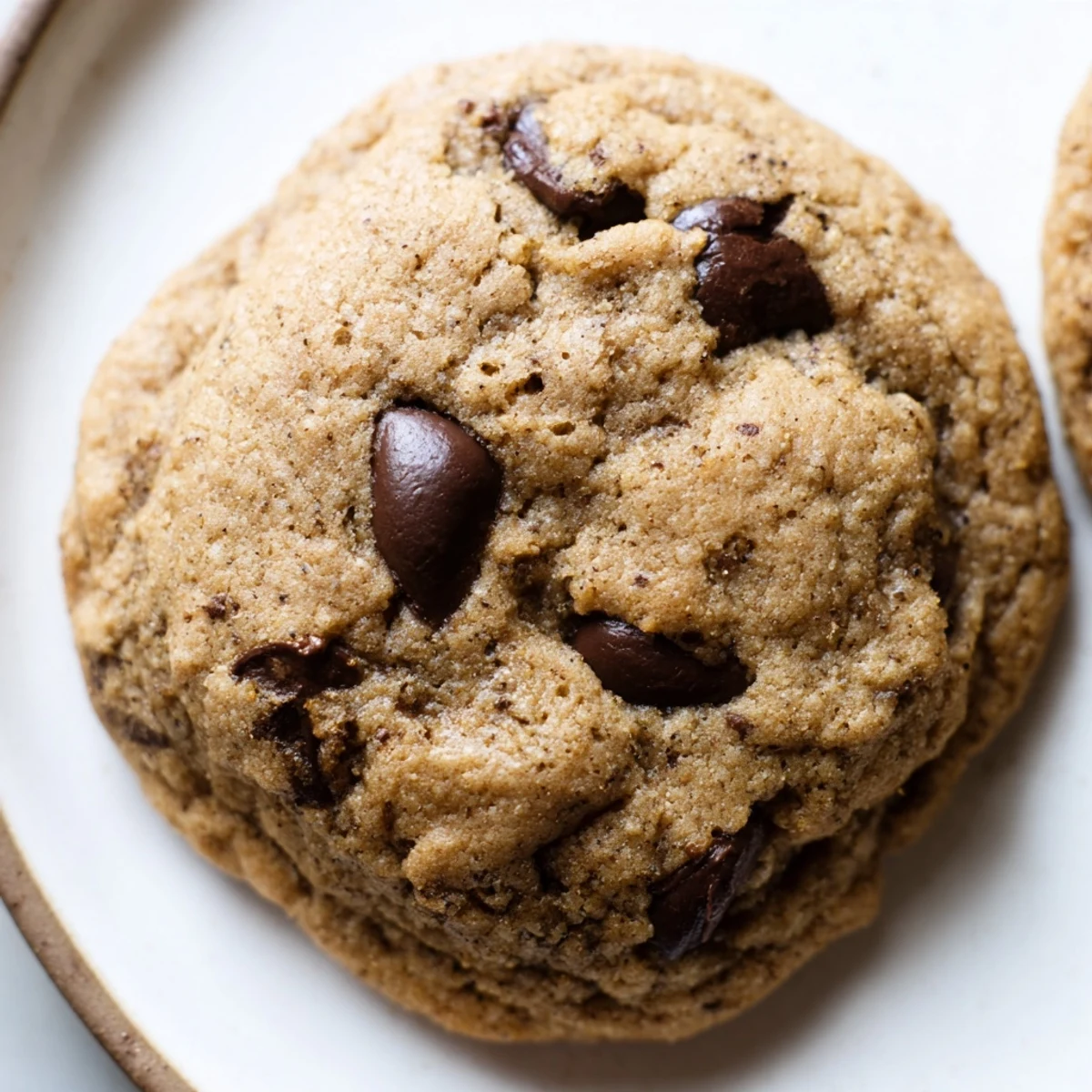 Soft pumpkin spice chocolate chip cookies with gooey melted chocolate centers on a white plate
