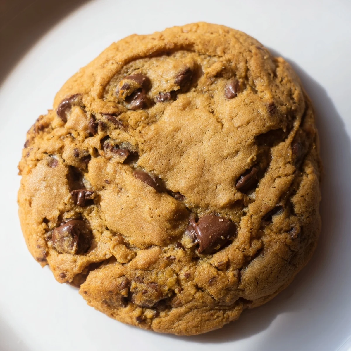 Freshly baked pumpkin spice chocolate chip cookies stacked on a wooden board with autumn leaves