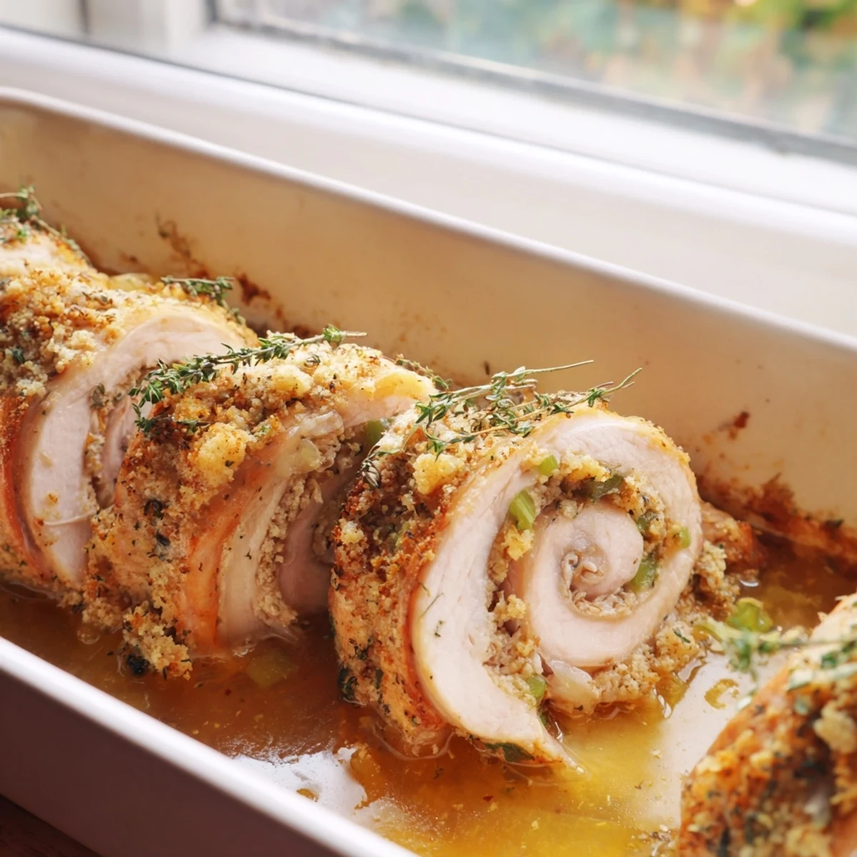 Golden brown turkey roll ups with savory stuffing baked to perfection in a ceramic dish