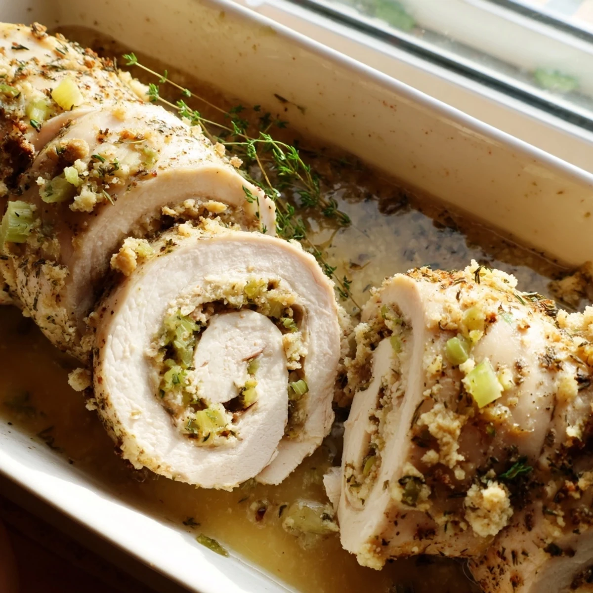 Tender stuffed turkey cutlets rolled with herb breadcrumbs and served on a white dinner plate