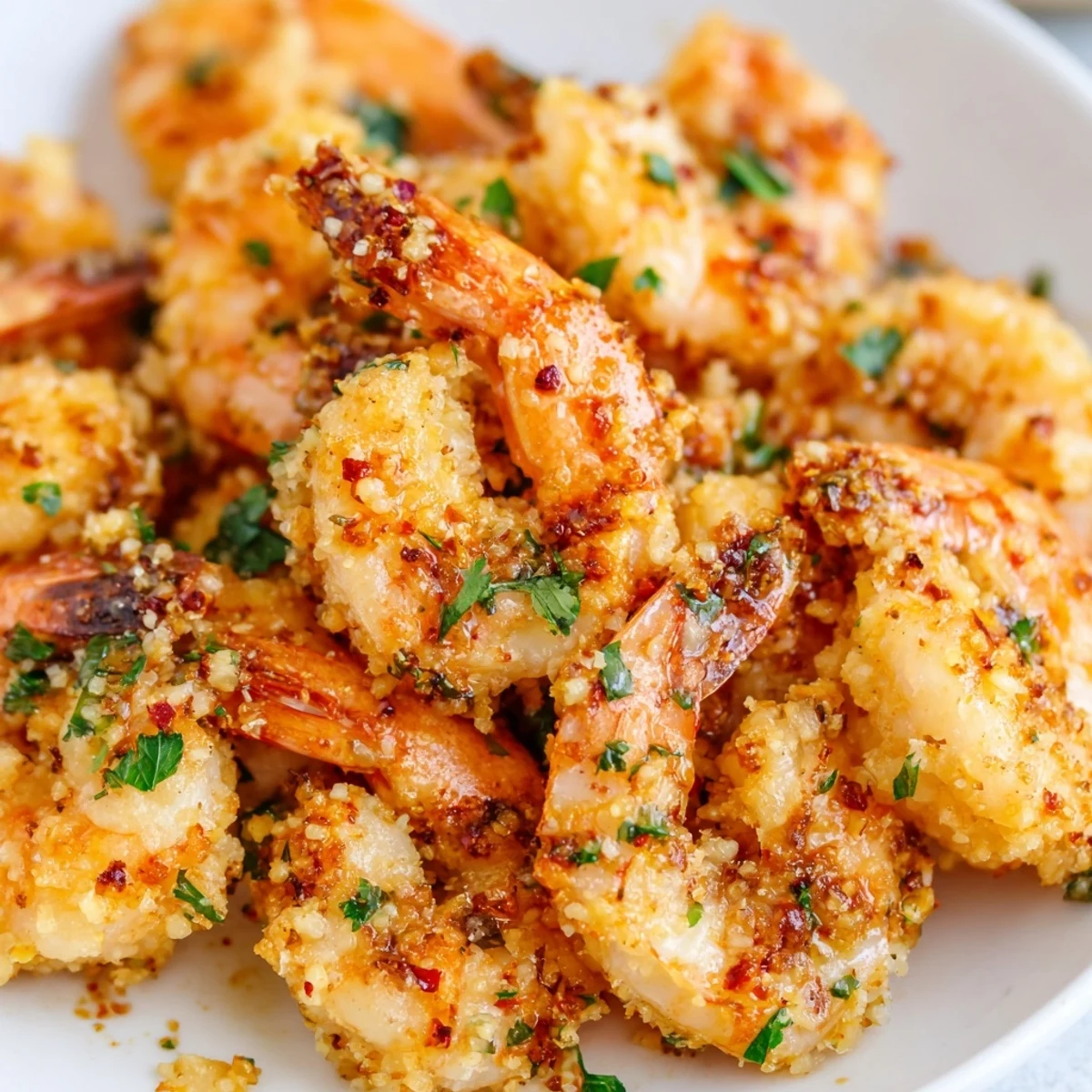 Golden air fryer garlic parmesan shrimp arranged on a white serving plate with fresh parsley garnish and lemon wedges on the side