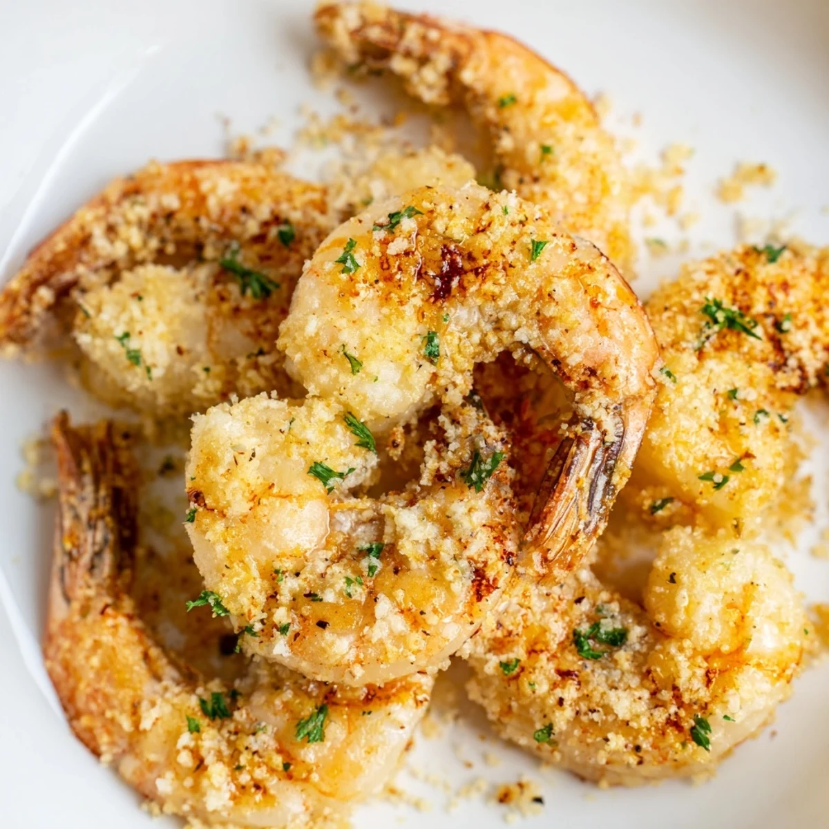 Juicy garlic parmesan shrimp scattered on rustic wooden board topped with chopped parsley and accompanied by bright lemon slices