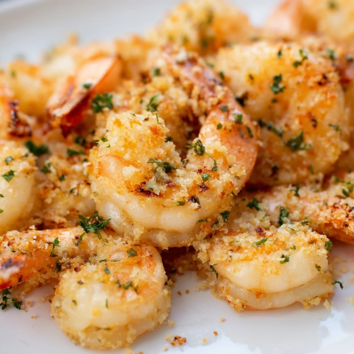 Plump shrimp coated in savory garlic parmesan seasoning cooked perfectly golden in the air fryer basket with visible herbs