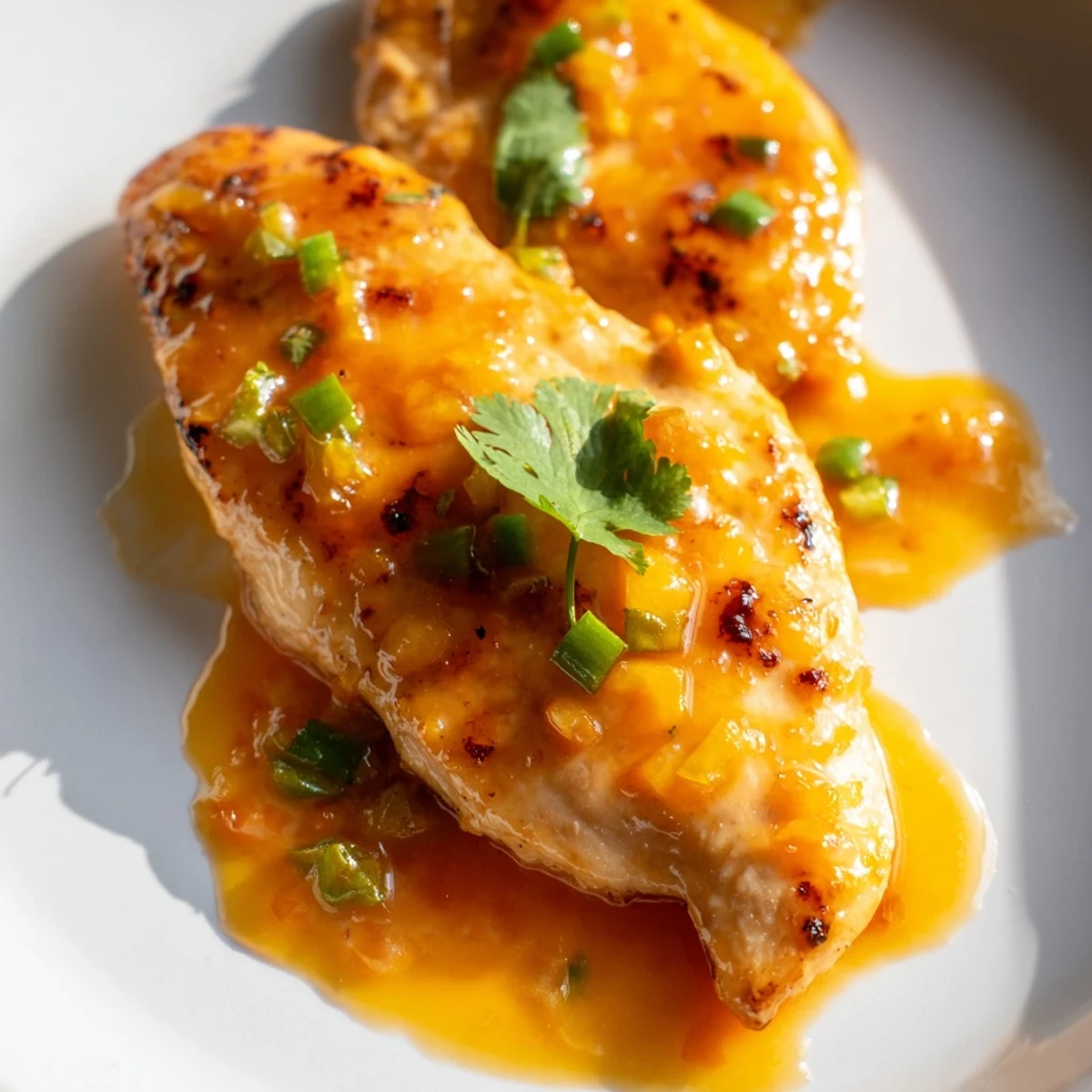 Golden glazed chicken breasts coated in sweet and spicy jalapeño peach sauce