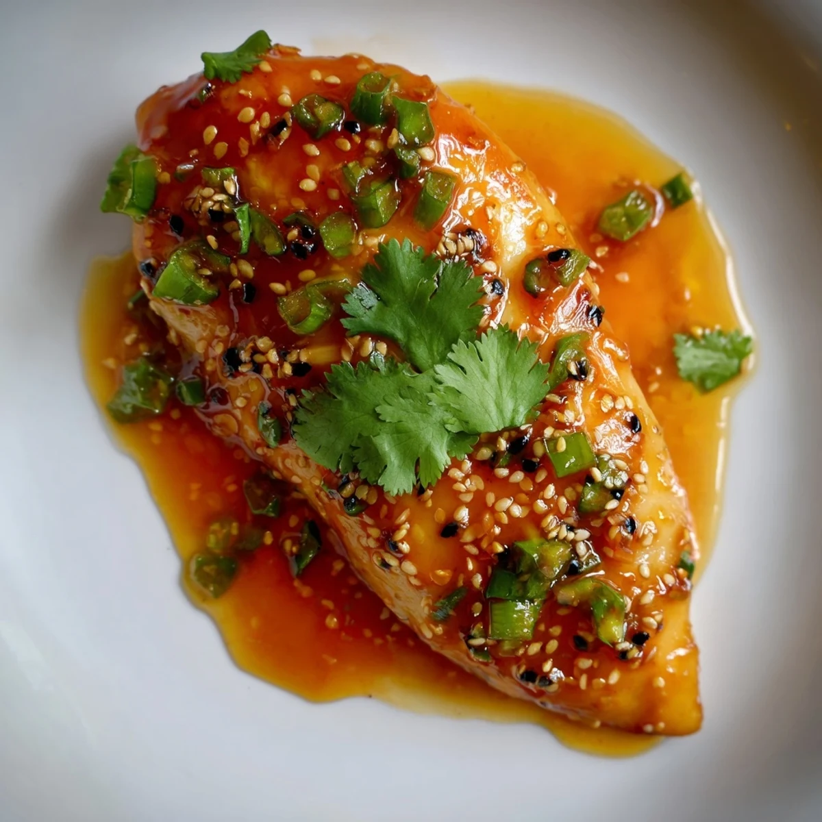 Tender oven baked chicken brushed with glossy peach jalapeño glaze and fresh herbs