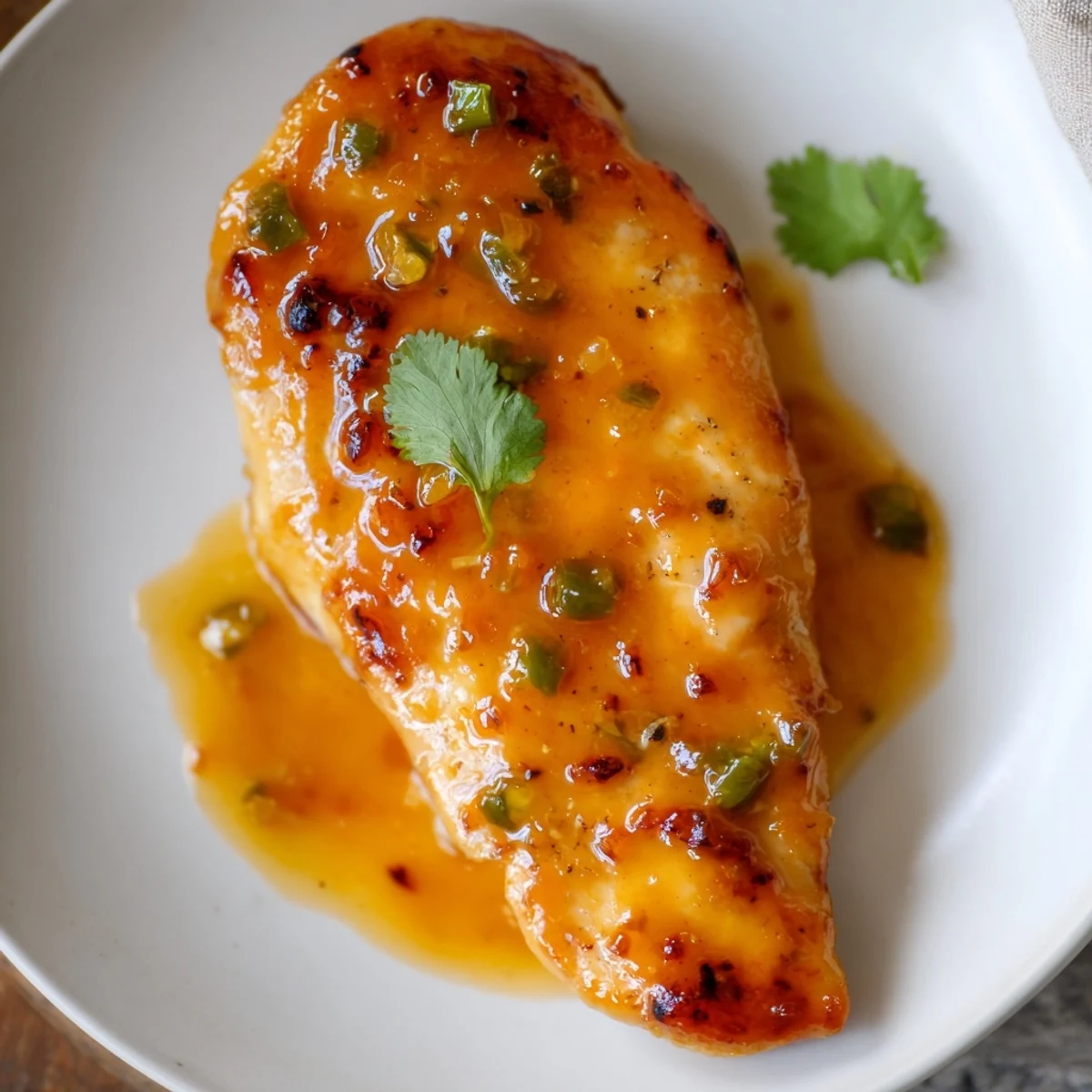 Juicy chicken fillets topped with thick sticky jalapeño peach glaze on white platter