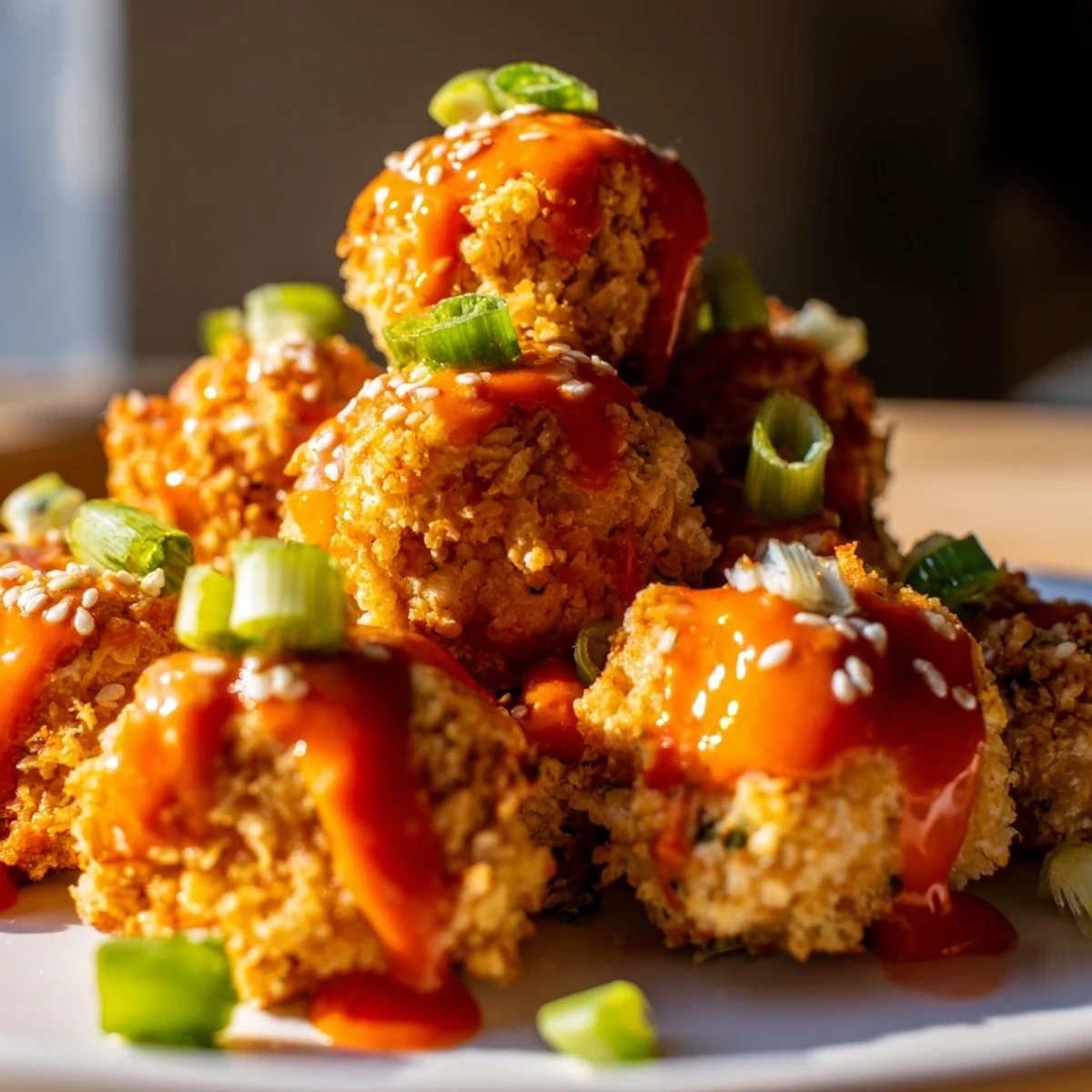 Golden crispy low carb Bang Bang chicken pieces coated in spicy creamy sauce with fresh scallion garnish on white plate