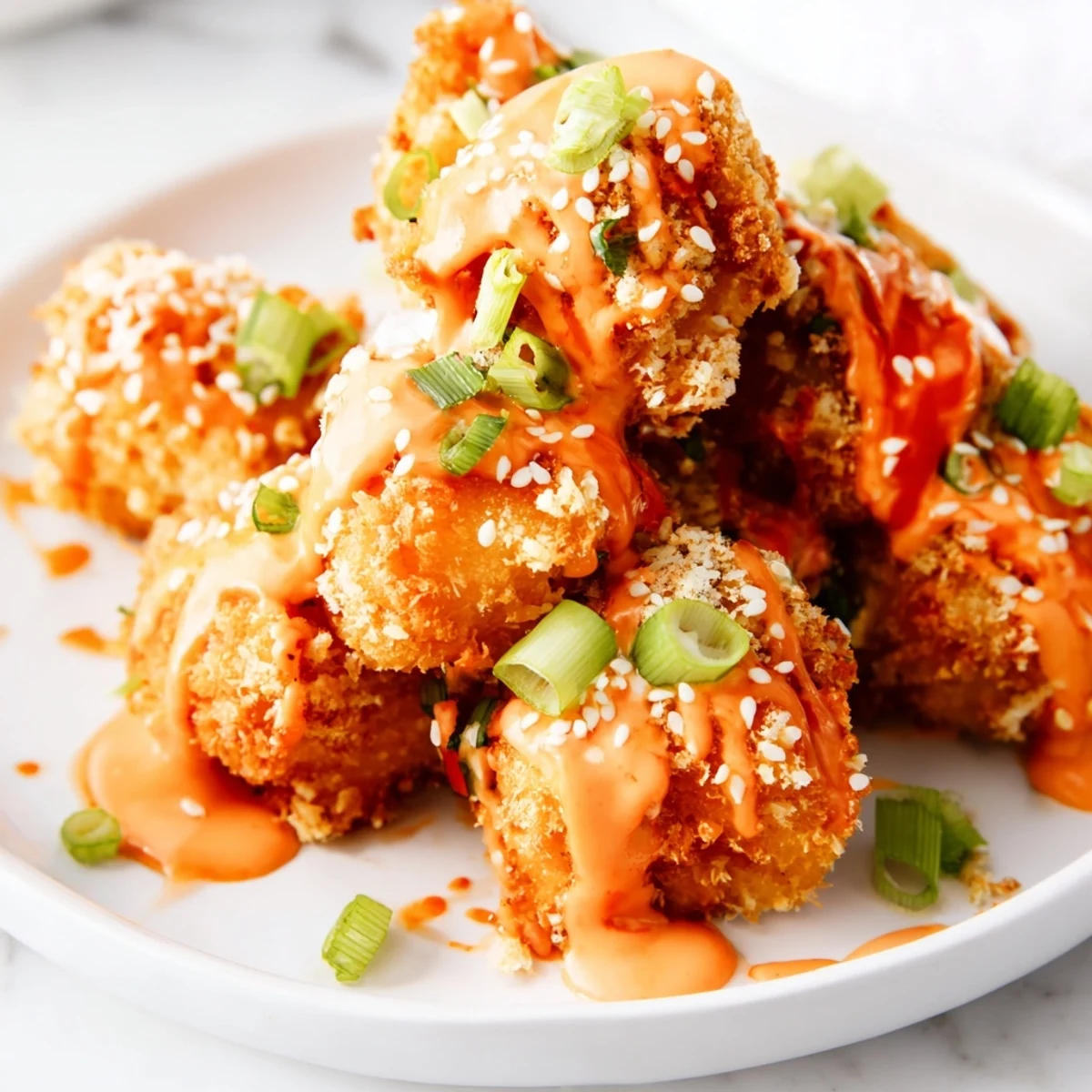 Platter of gluten-free Bang Bang chicken bites in sweet spicy red sauce sprinkled with toasted sesame and fresh herbs