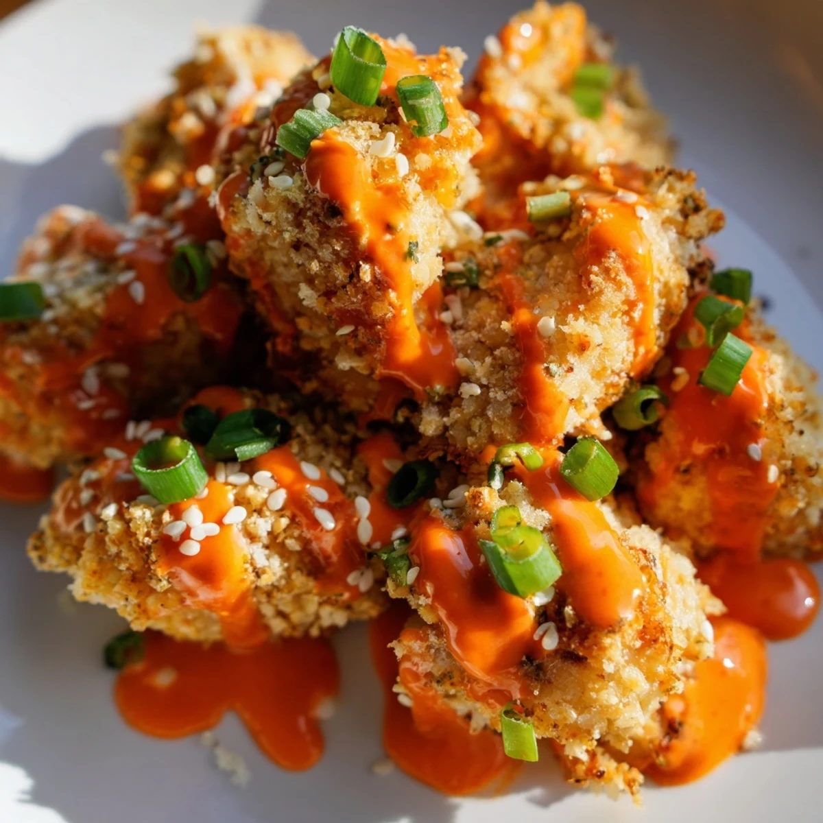 Tender baked Bang Bang chicken tossed in tangy sriracha mayonnaise sauce topped with sesame seeds and chopped green onions