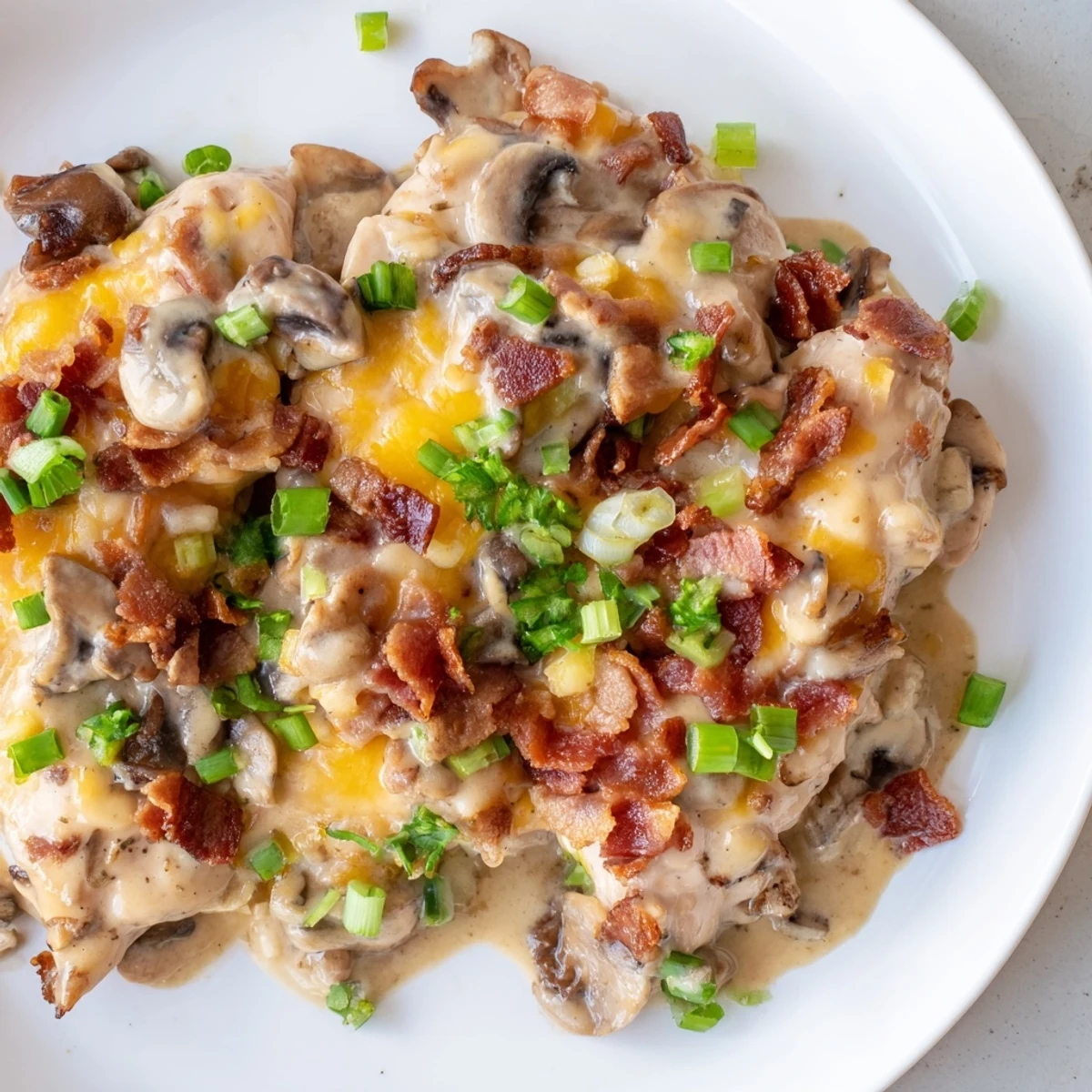 Golden brown Mississippi Mud Chicken baked in a creamy cheese and bacon sauce topped with melted cheddar and mozzarella