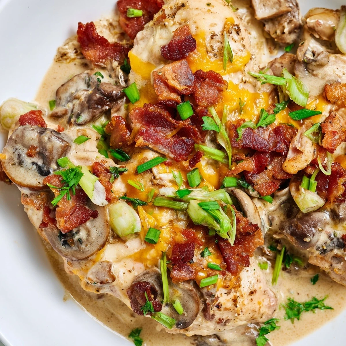 Succulent chicken breasts smothered in rich mushroom cream sauce with crispy bacon bits bubbling under golden melted cheese