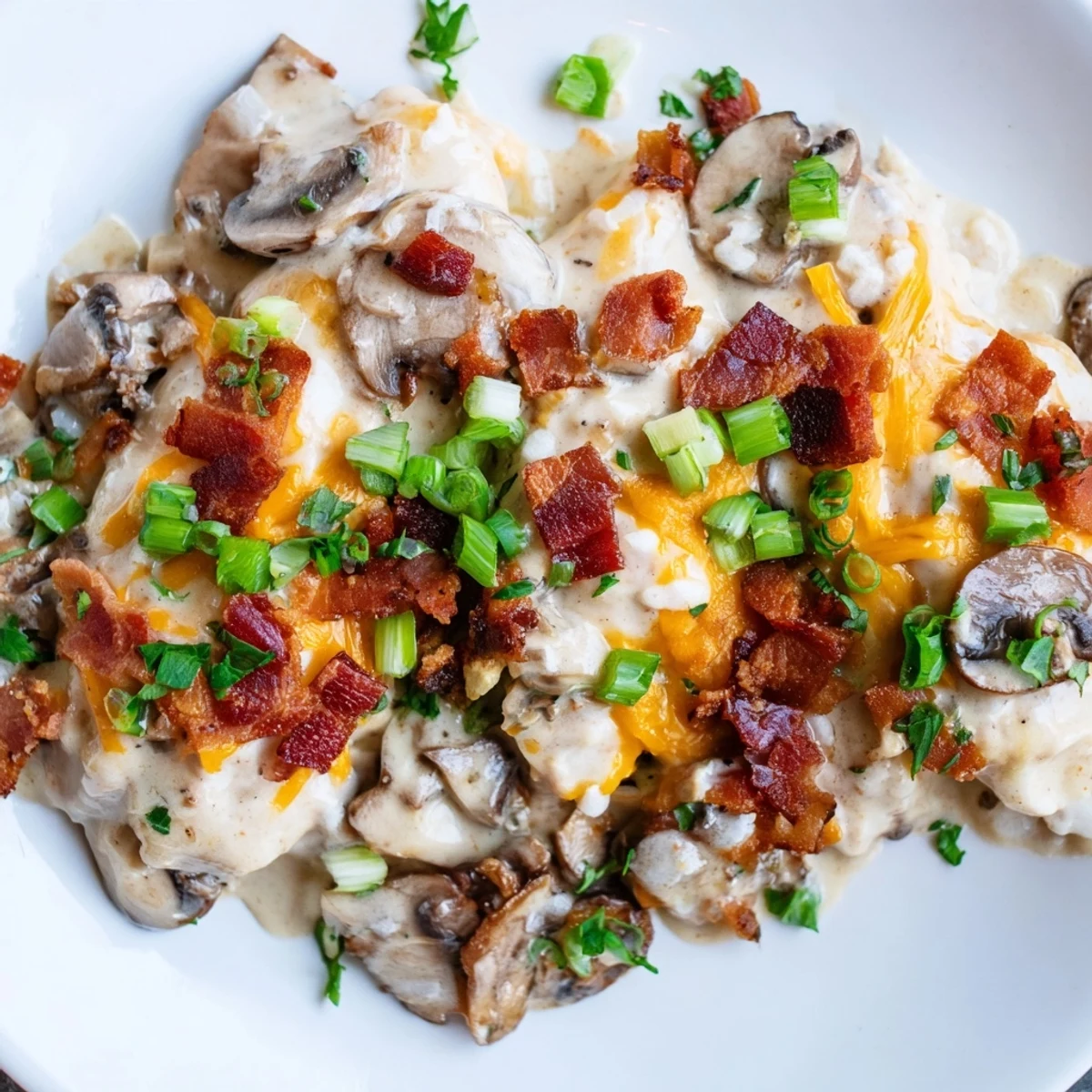 Oven-baked Mississippi Mud Chicken with tender meat, savory mushrooms, and a decadent blend of sharp cheddar and mozzarella