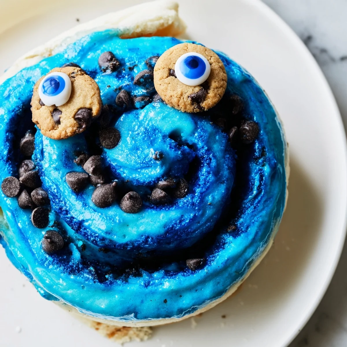 Fluffy blue Cookie Monster cinnamon rolls topped with vibrant cream cheese frosting and playful candy eyes