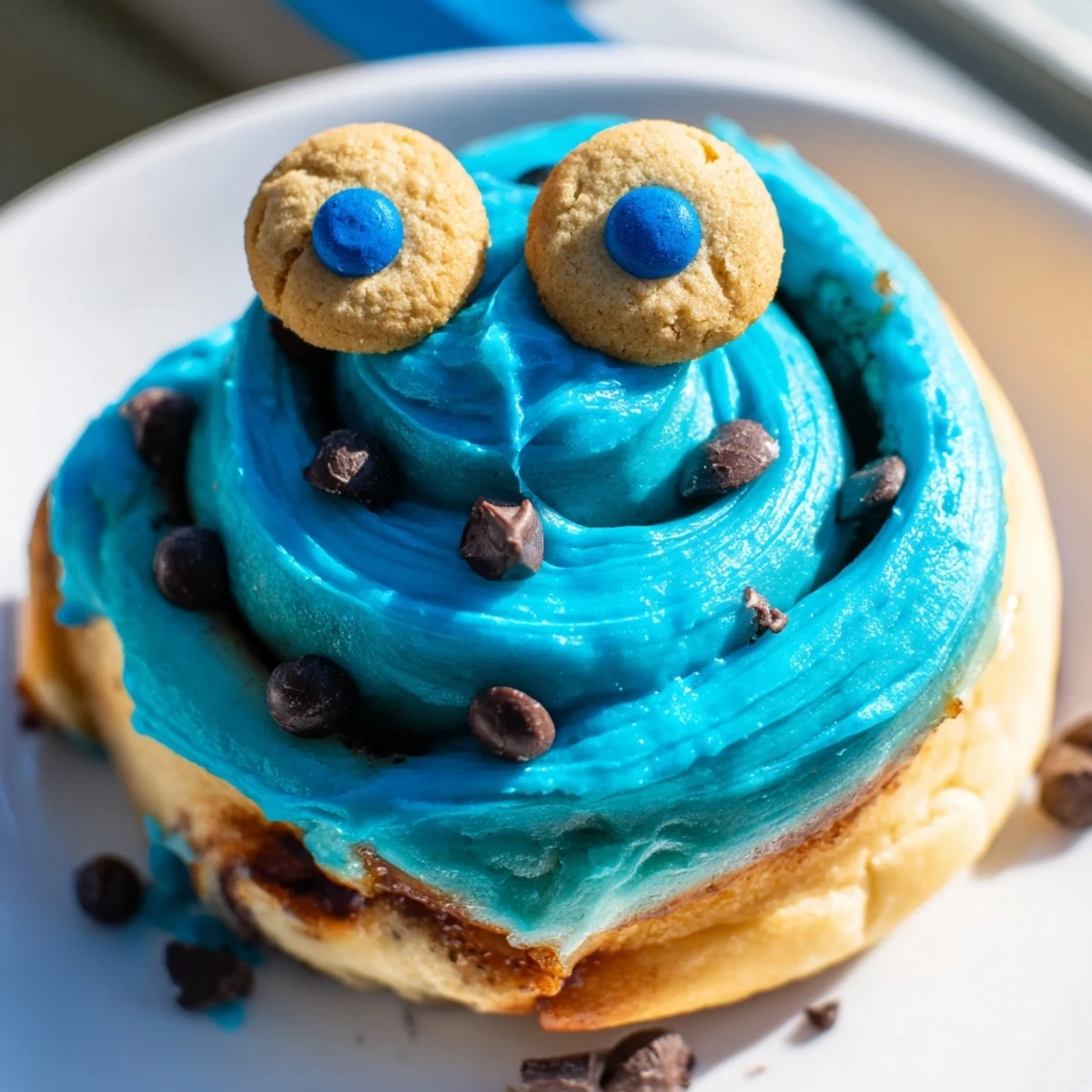 Freshly baked Cookie Monster cinnamon rolls drizzled with blue frosting and chocolate chip cookie accents