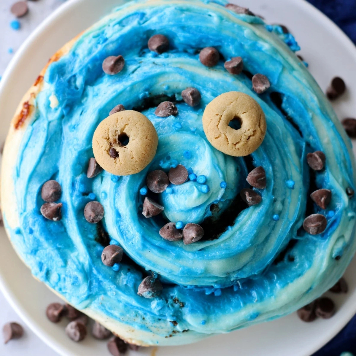 Warm Cookie Monster cinnamon rolls with gooey cinnamon chocolate chip filling under whimsical blue cream cheese frosting