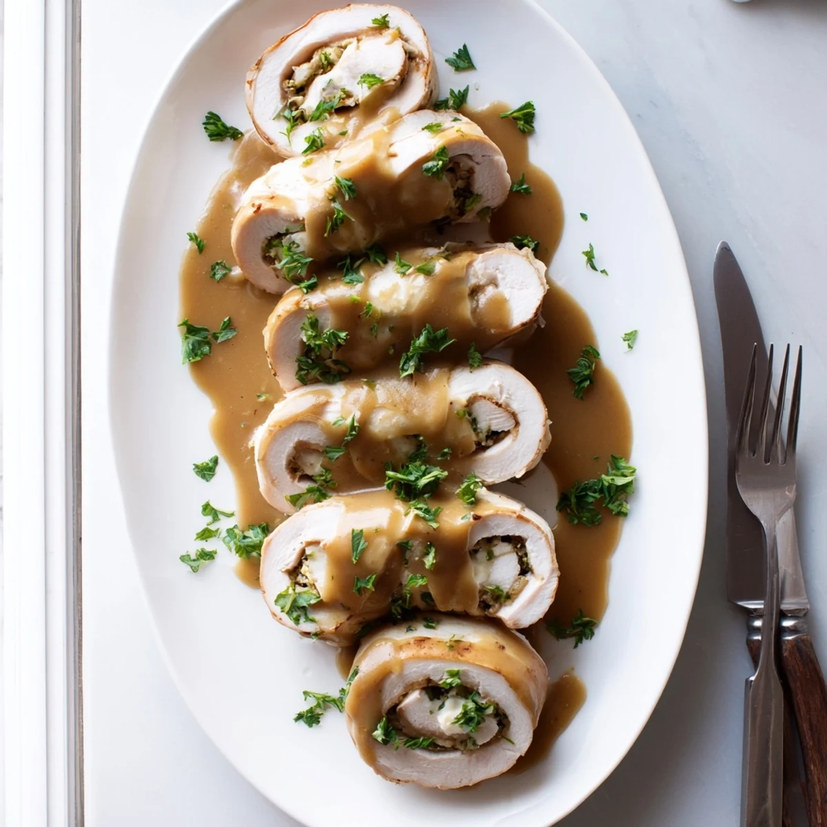 Golden brown turkey roll-ups stuffed with savory cheese and baked in rich gravy
