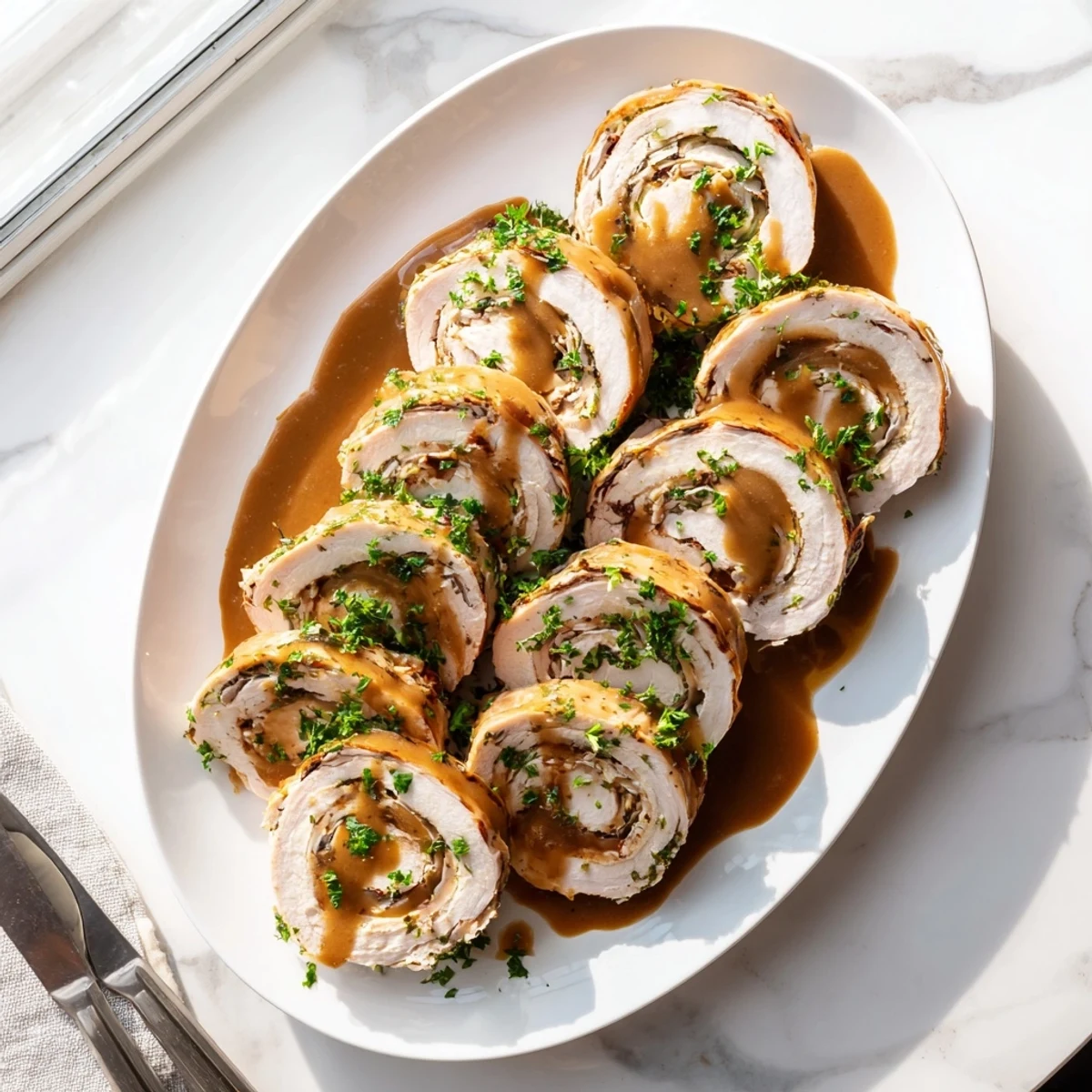 Juicy flavor-packed turkey roll-ups with stuffing bubbling in chicken gravy on white plate
