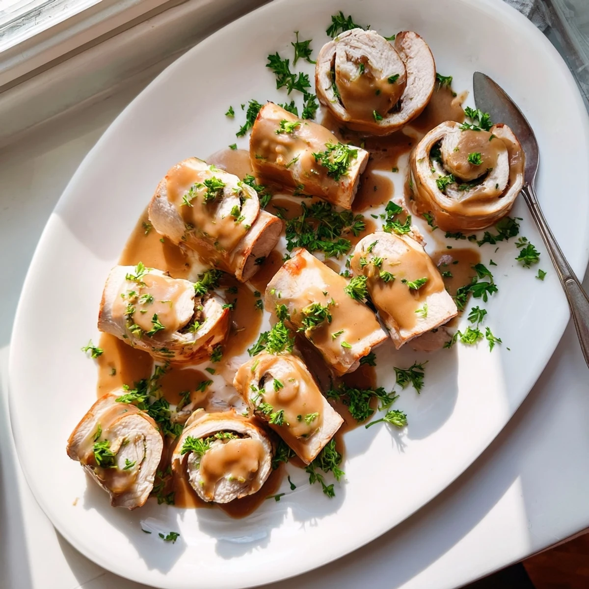 Tender turkey breast slices wrapped around seasoned stuffing with melted provolone cheese center