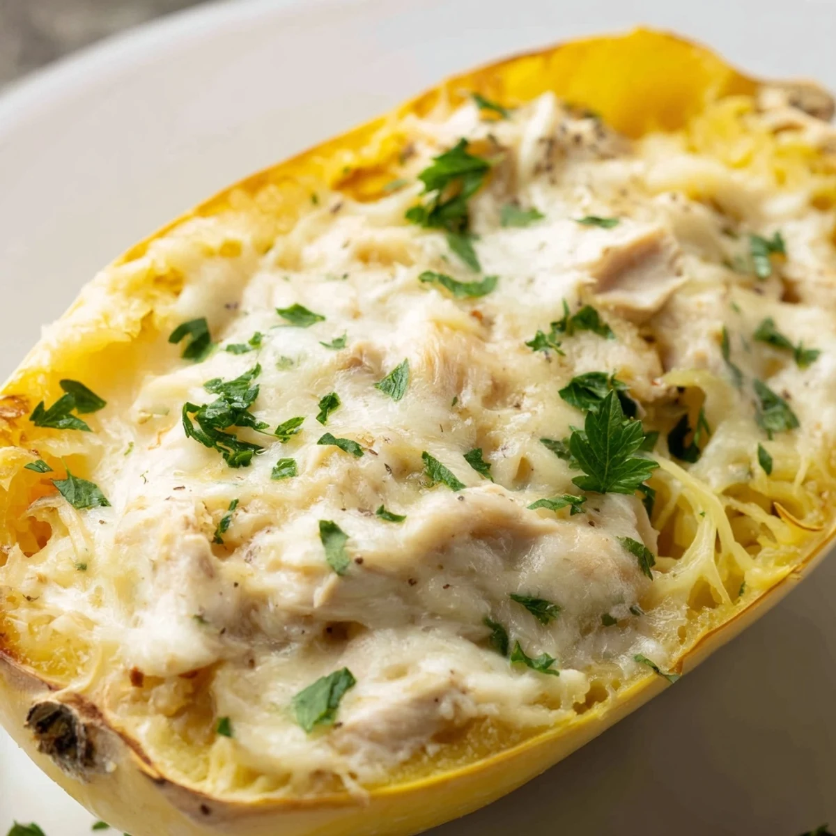 Golden roasted spaghetti squash boats topped with creamy chicken Alfredo sauce and melted mozzarella cheese