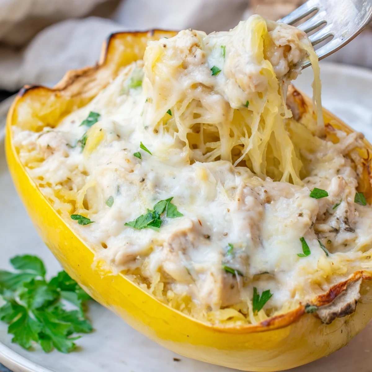 Tender spaghetti squash shells filled with seasoned chicken and rich garlic Parmesan Alfredo cream sauce