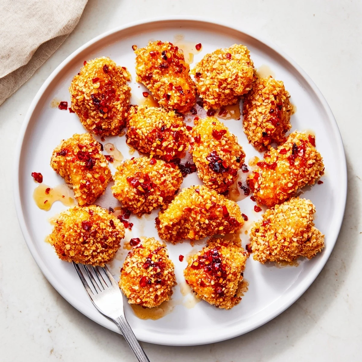 Golden baked crunchy hot honey chicken drizzled with spicy sweet honey glaze on white plate