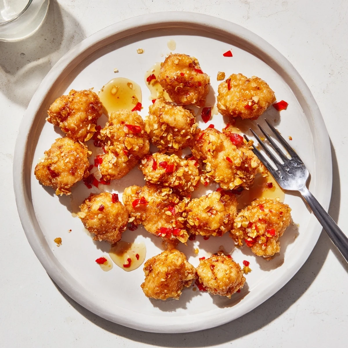 Crispy cornflake coated hot honey chicken breast glistening with warm honey and hot sauce finish