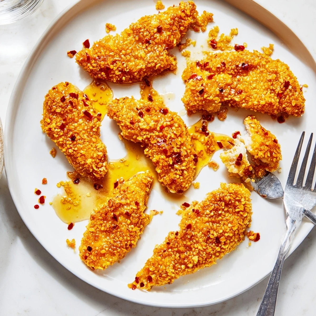 Juicy baked hot honey chicken with golden crunchy crust topped with spicy sweet honey drizzle