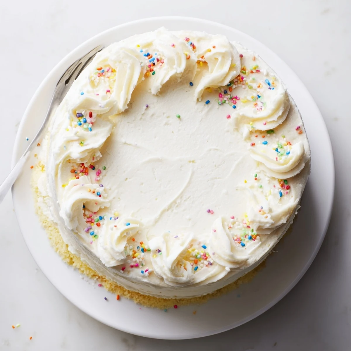 Two-tier vanilla bean birthday cake with buttercream frosting topped with colorful sprinkles for a festive celebration